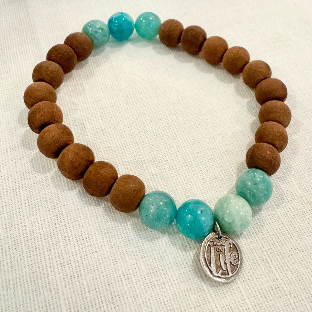 Turquoise and Sandalwood Beaded Mala Bracelet with Silver Charm